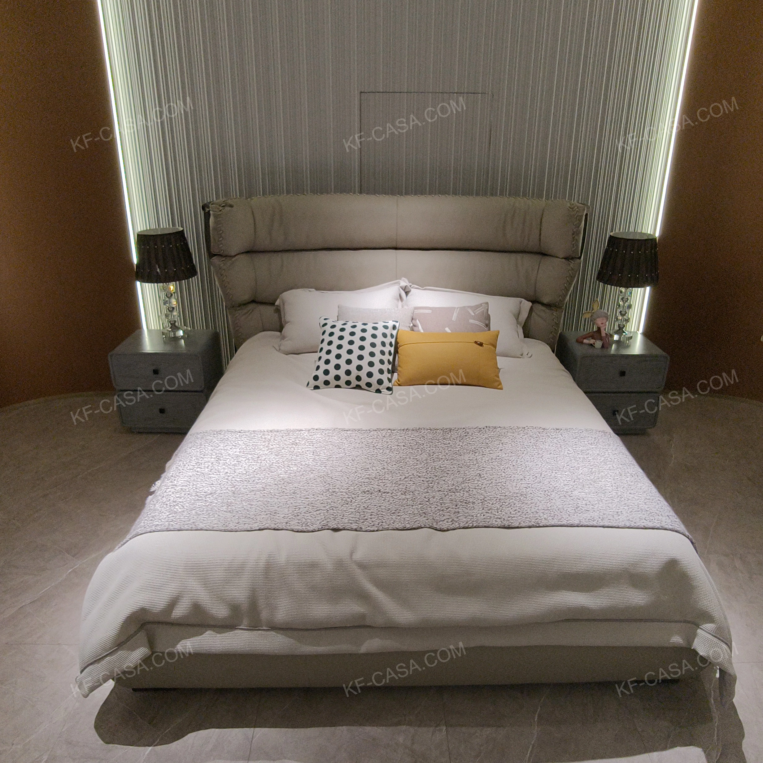 Warm Taupe Upholstered Bed with Tiered Headboard, Lacing Detail & Stainless Steel Accents